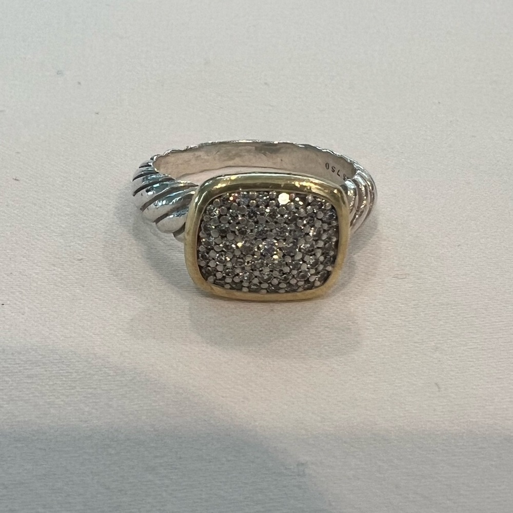 David Yurman Two-Tone Yellow Gold Diamond Cable Noblesse Cocktail Ring Silver - Picture 4 of 13